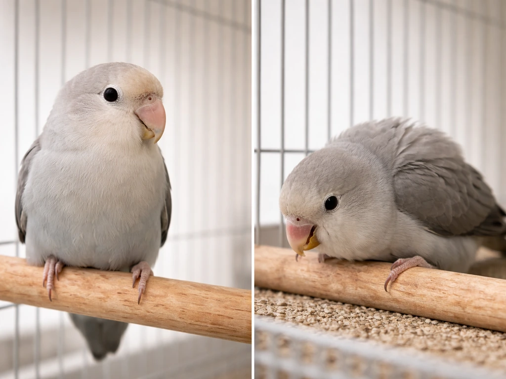 Split scene: a bird resting normally versus a bird hunched and drooping with tense posture in a cage.