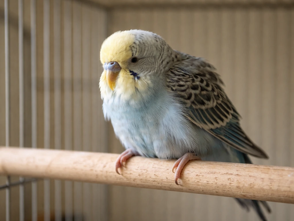 Hunched, fluffed pet bird looks weak and less stable on a perch in an indoor cage.