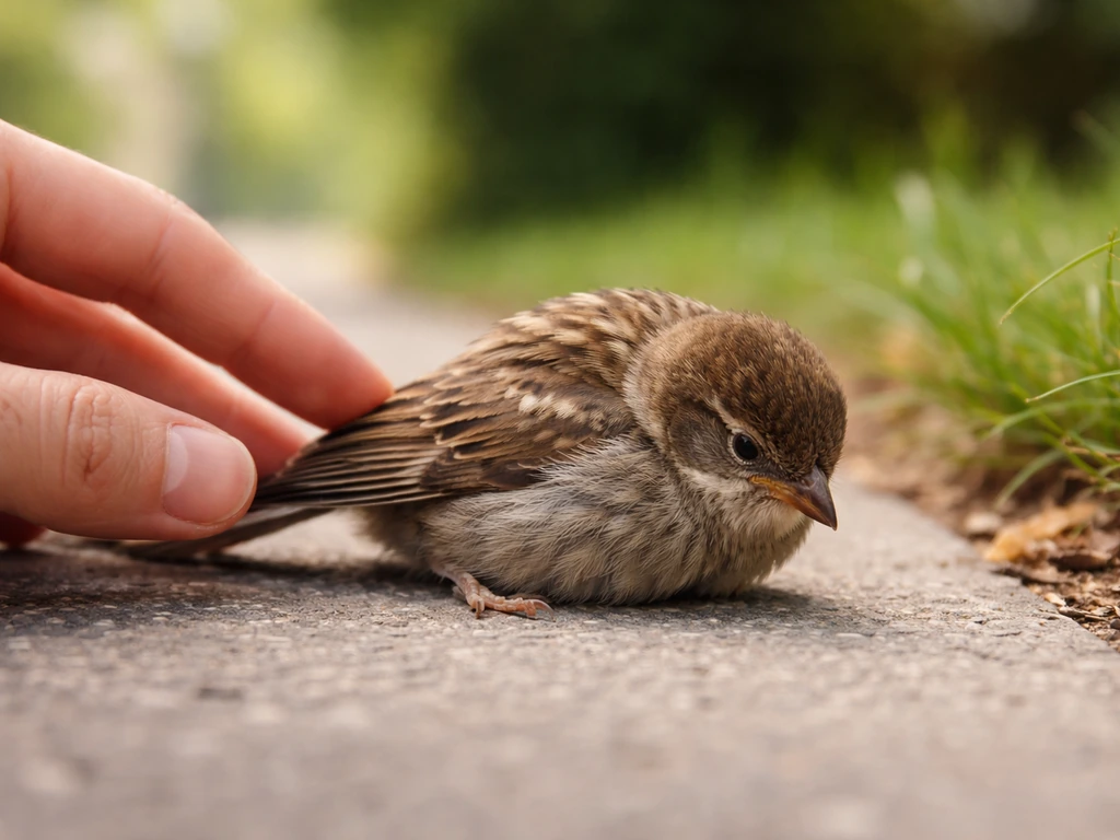 Injured bird crouched on the ground, one wing tucked while a hand gently assesses it urgently.