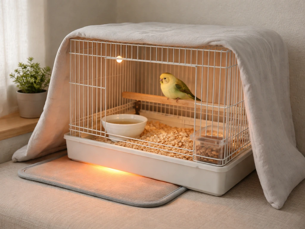 Warm, draft-free bird setup on a table with a heat source and fresh water nearby