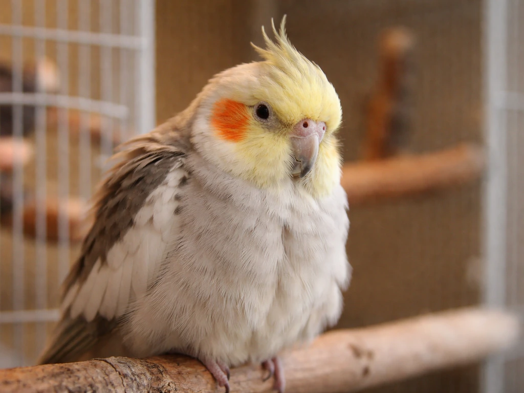 Warm close-up of a cockatiel perched near its cage with fluffed feathers and calm, attentive eyes