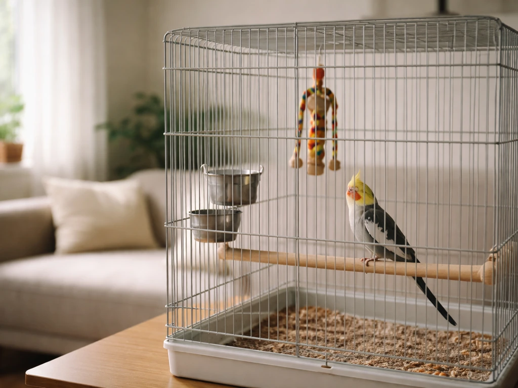 Cockatiel perched inside a simple home cage, viewed from across the room with undisturbed cage interior visible.