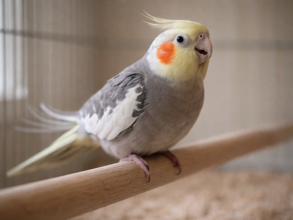 Close-up of a cockatiel showing tail bobbing and beak pumping synchronized with breathing