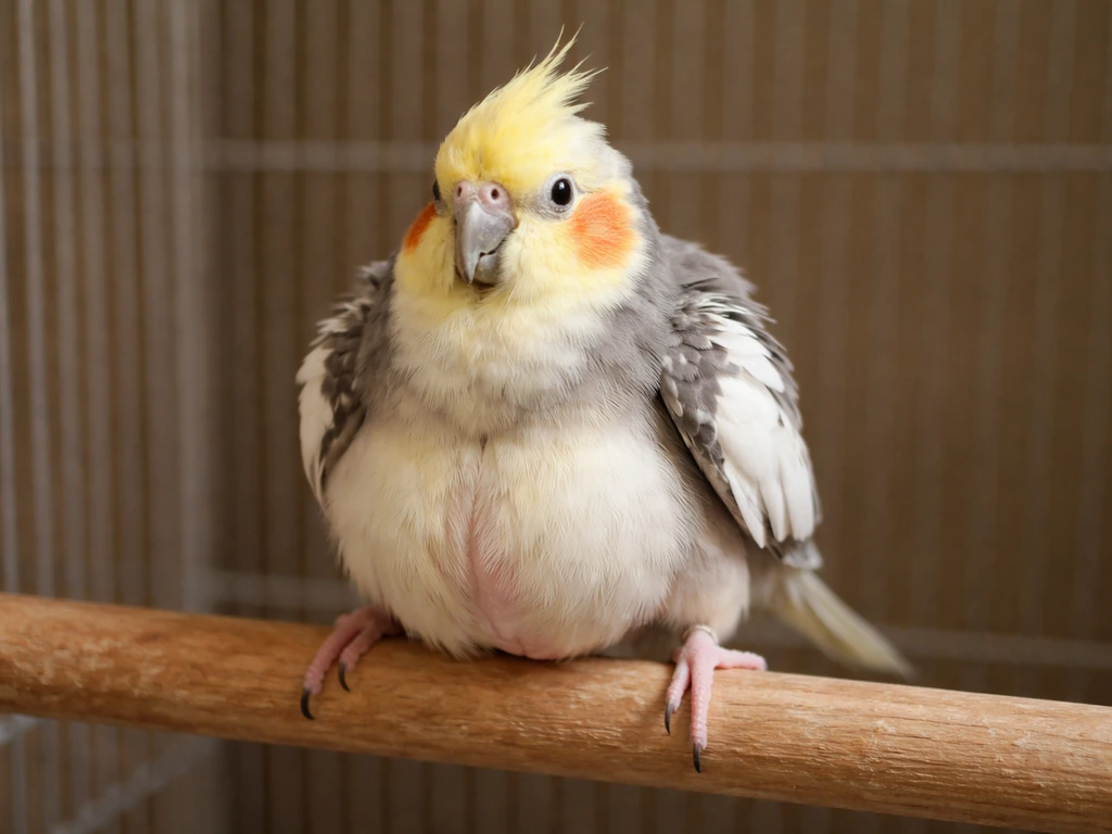 Cockatiel puffed up with a swollen belly and wide-legged stance on a perch inside a simple cage.