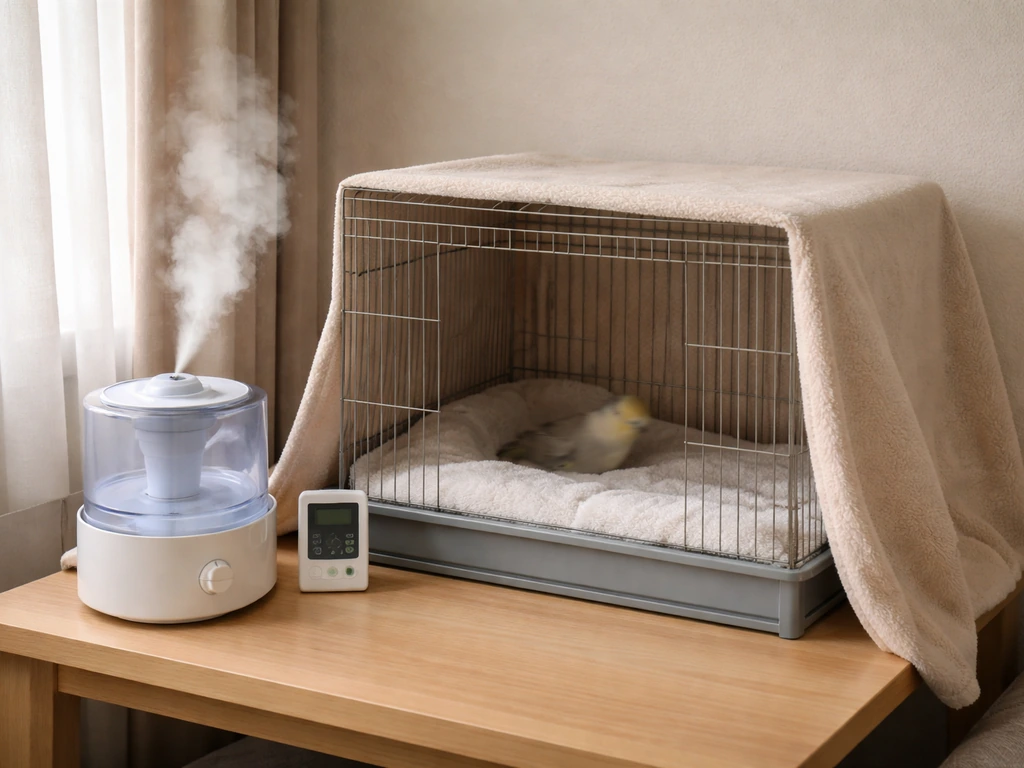 Draft-free cage setup with a cozy covered side and a nearby cool-mist humidifier for a resting cockatiel.