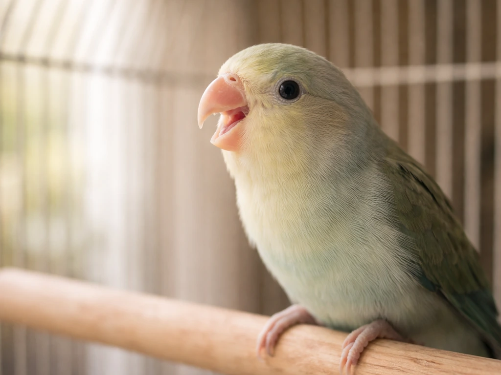 Small pet bird perched in a cage, side profile with beak slightly open as if clicking.