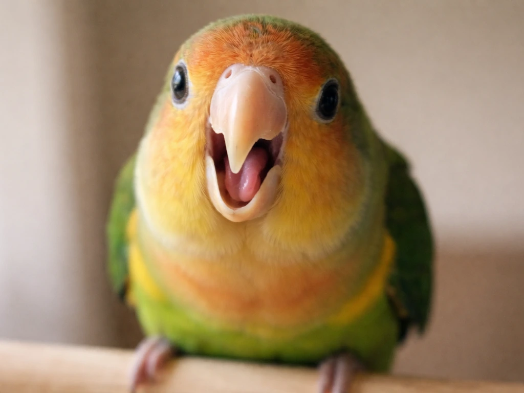 Close-up of a small parrot making short beak clicks, tongue touching inside the beak.