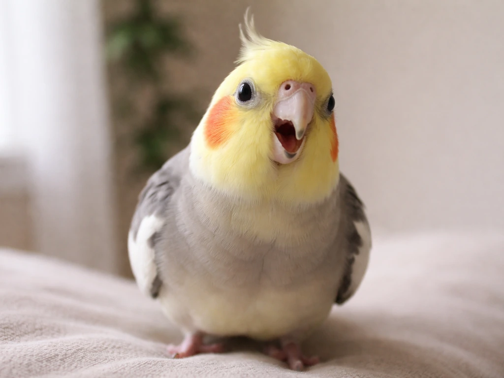 Cockatiel facing someone, beak slightly open mid-click with an engaged, inviting posture.