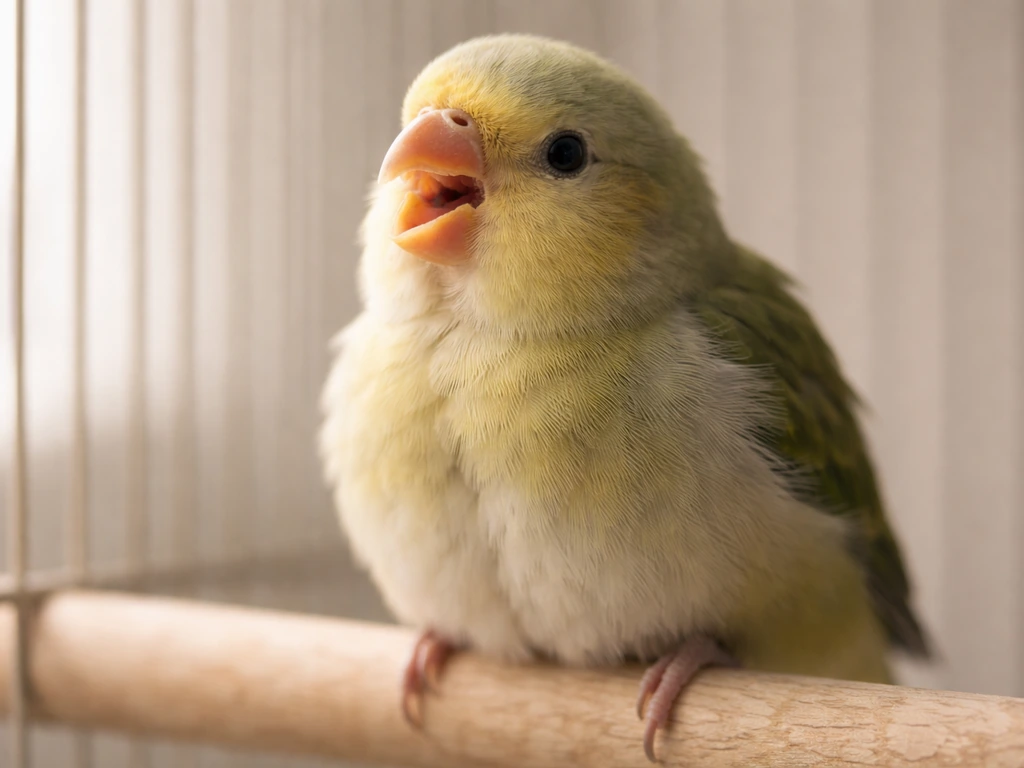 Close-up of a small bird resting with a subtle chest/throat breathing motion in a softly lit cage