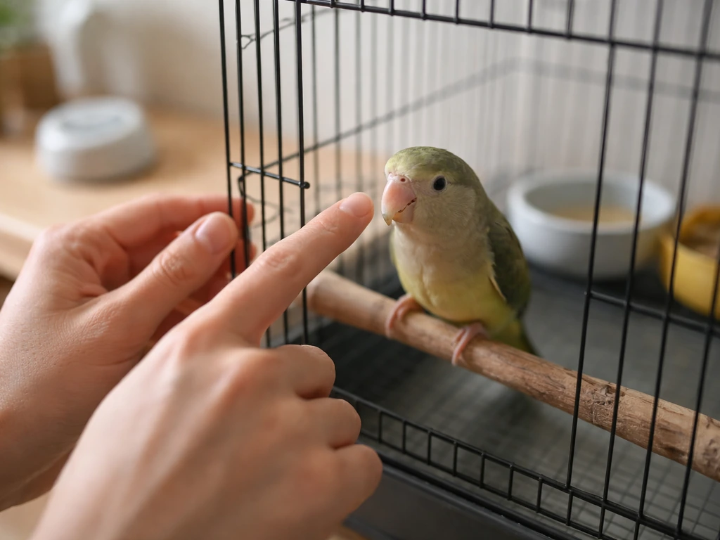 Close-up of hands inspecting a small pet bird’s beak inside a simple cage in natural light.