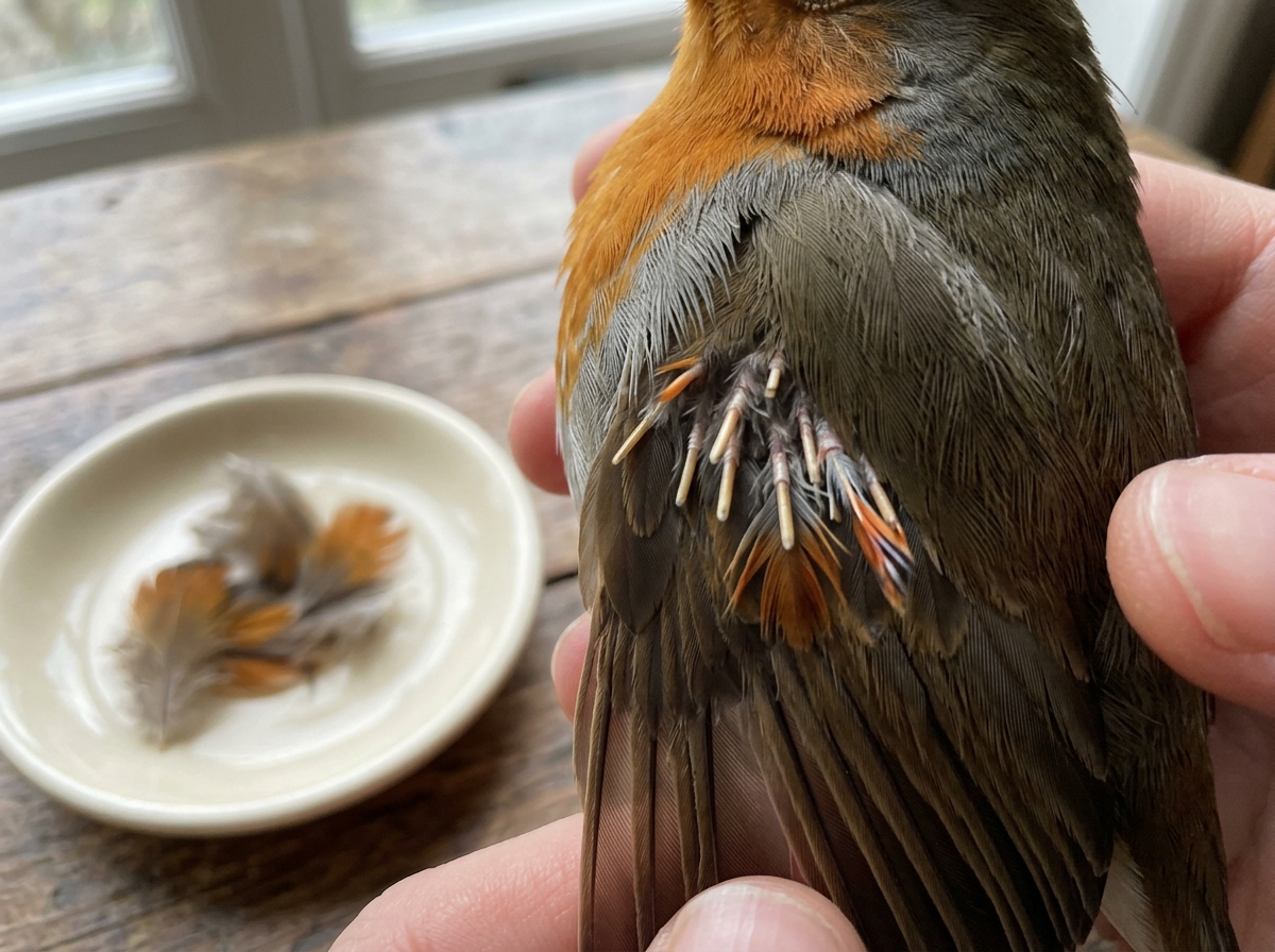 Pin feathers and intact surrounding plumage showing normal molting