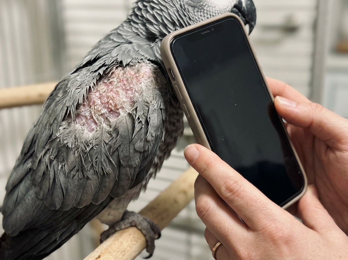 Irritated skin where feathers are missing—possible illness warning sign