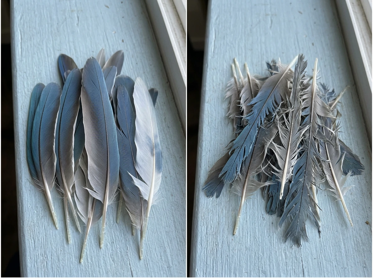 Side-by-side whole shed feathers vs ragged chewed feathers