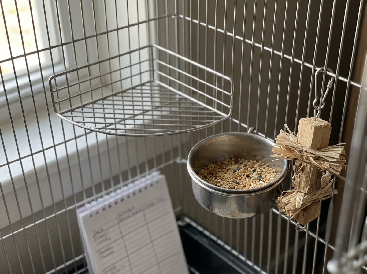 Cage setup lacking enrichment/foraging items that can contribute to plucking