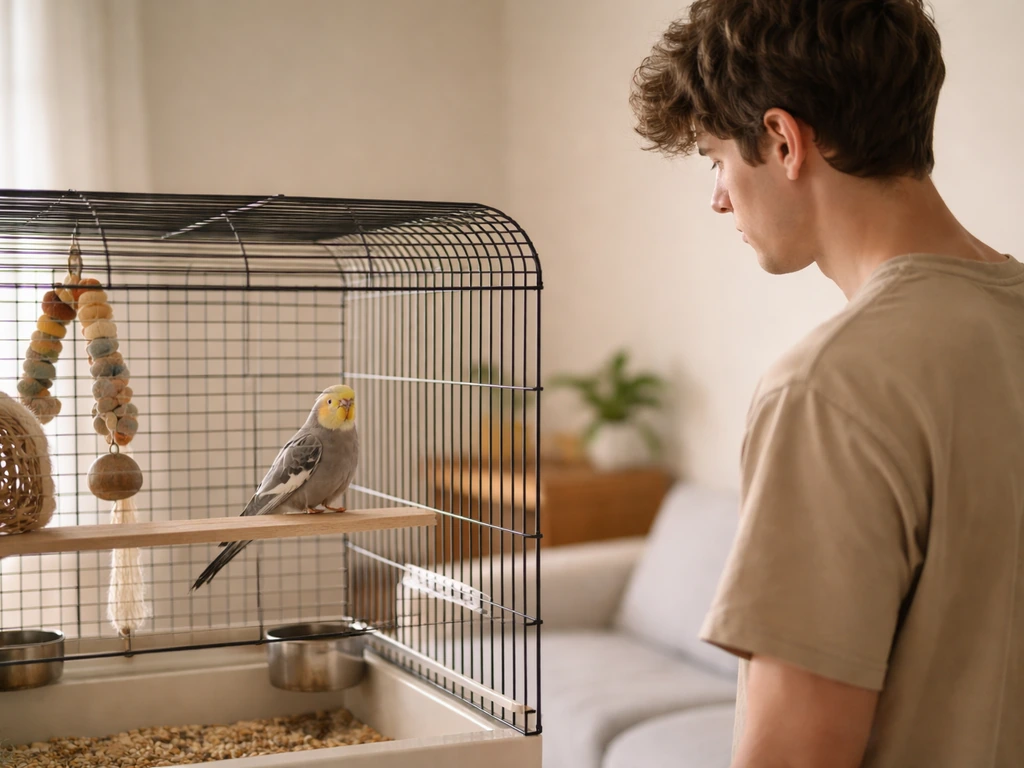 A small pet bird sits calmly inside its cage while Louie stands nearby, hesitant to approach.