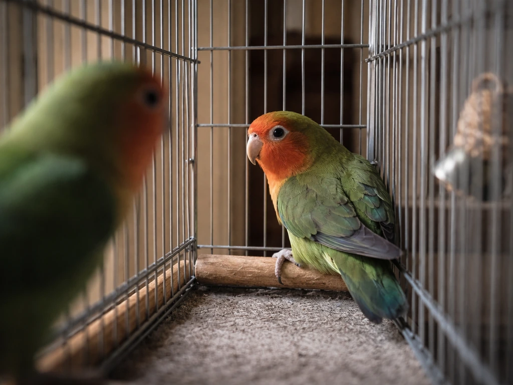 Small bird retreats to the far side of its cage as another bird approaches.