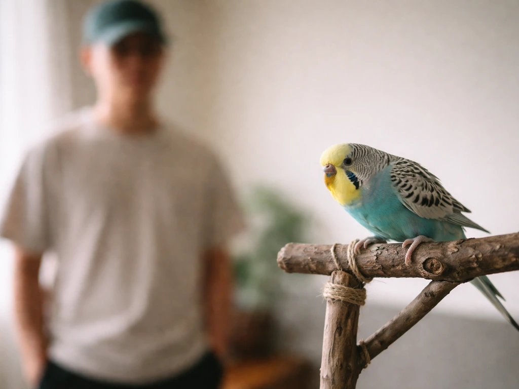 Small pet bird leaning back in wary posture as a person stands at a distance with a hat