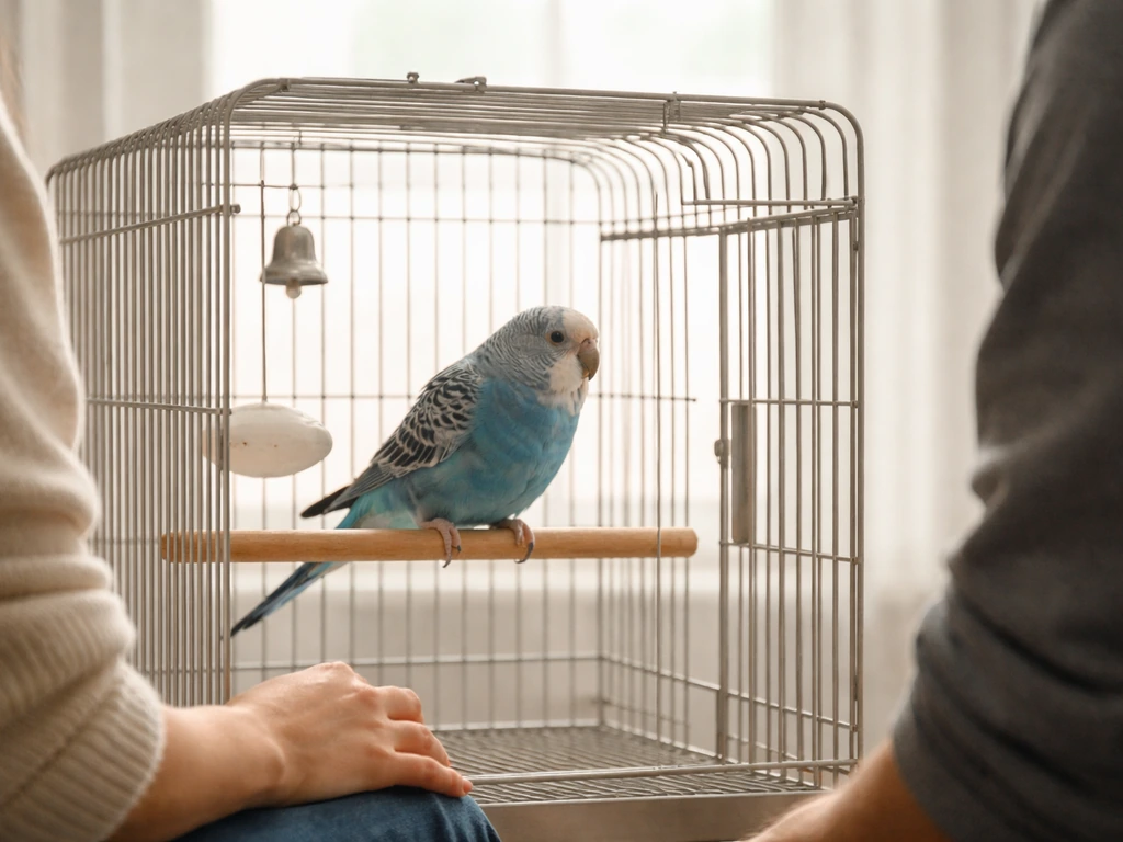 Tense pet bird inside a cage, facing a stranger approaching while its favorite human stays opposite.