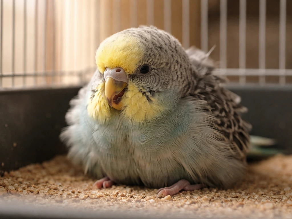 A small bird puffed up, looking irritable, perched in a quiet indoor setting with visibly strained posture.