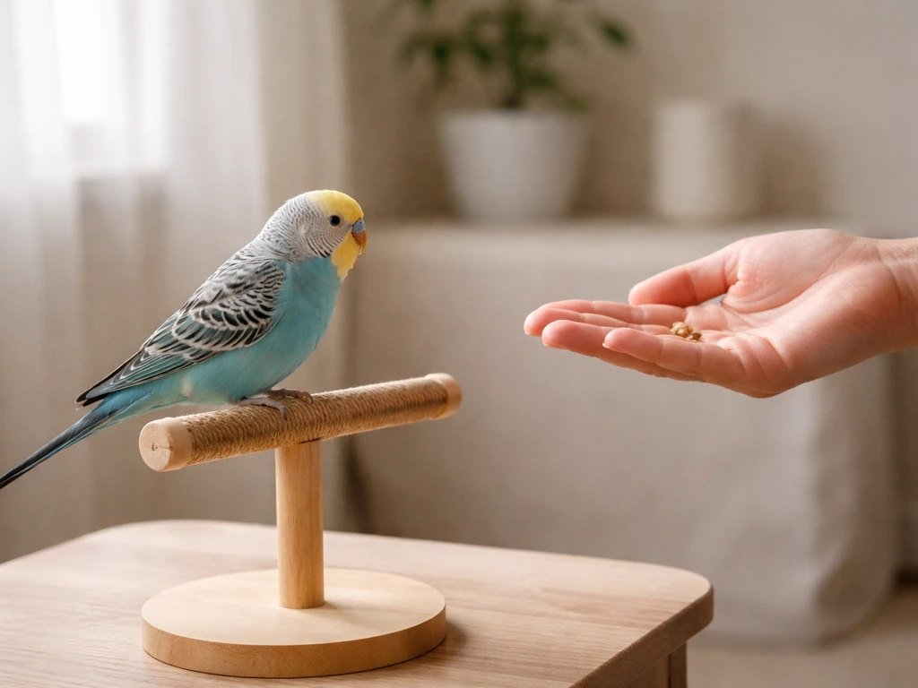 A small pet bird watches calmly as a person offers a treat from a safe distance on a quiet tabletop.
