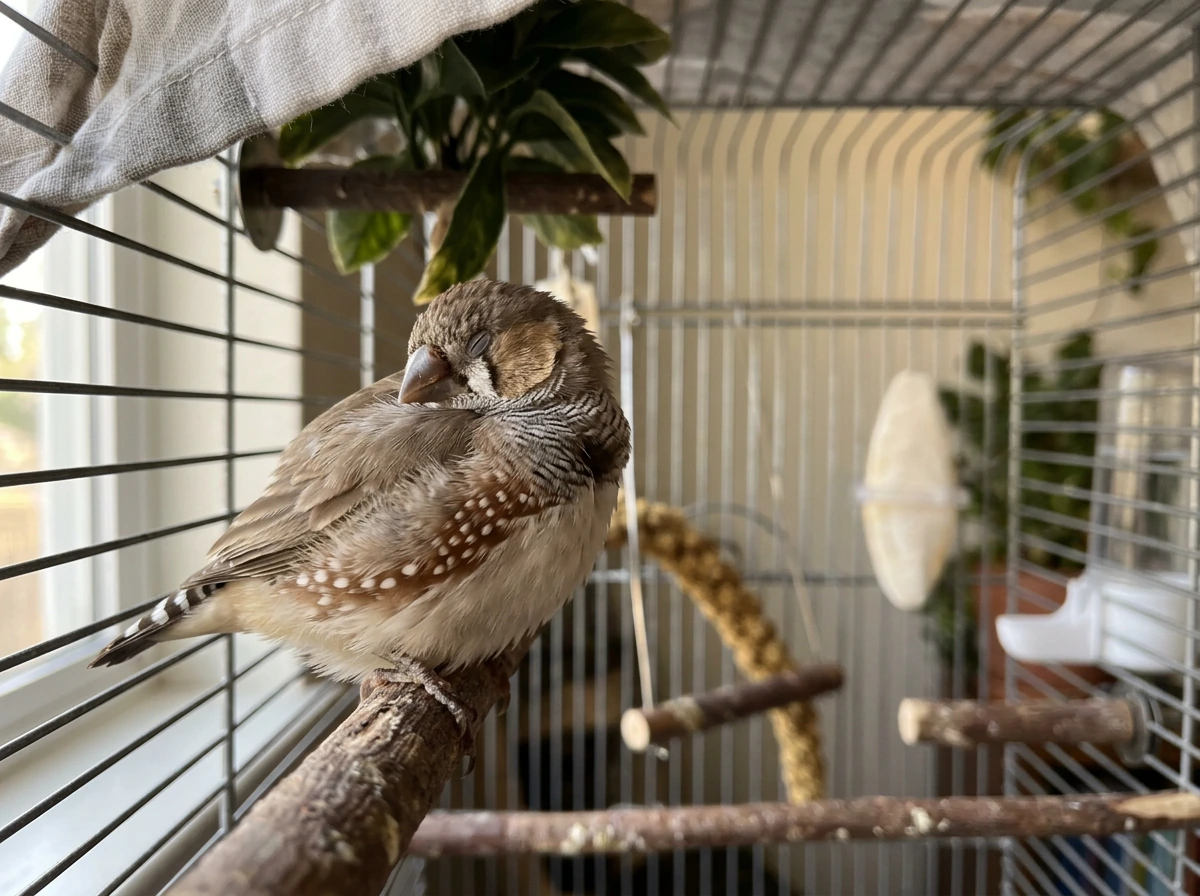 Bird napping on a perch with subtle sleep twitches