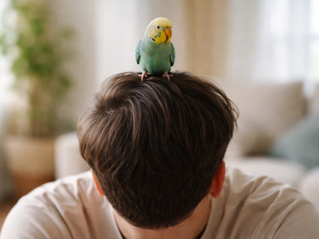 A small pet bird perched on a person’s head while the person sits calmly and supervises.