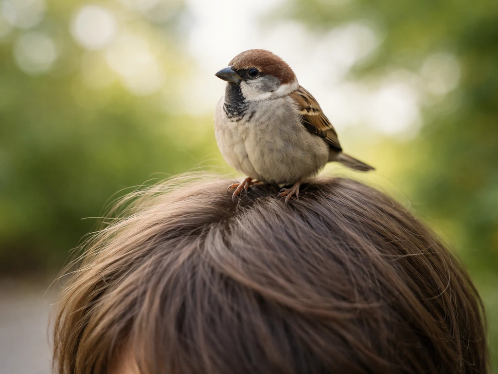Close-up of a small bird perched on the top of a human head in a quiet outdoor setting.