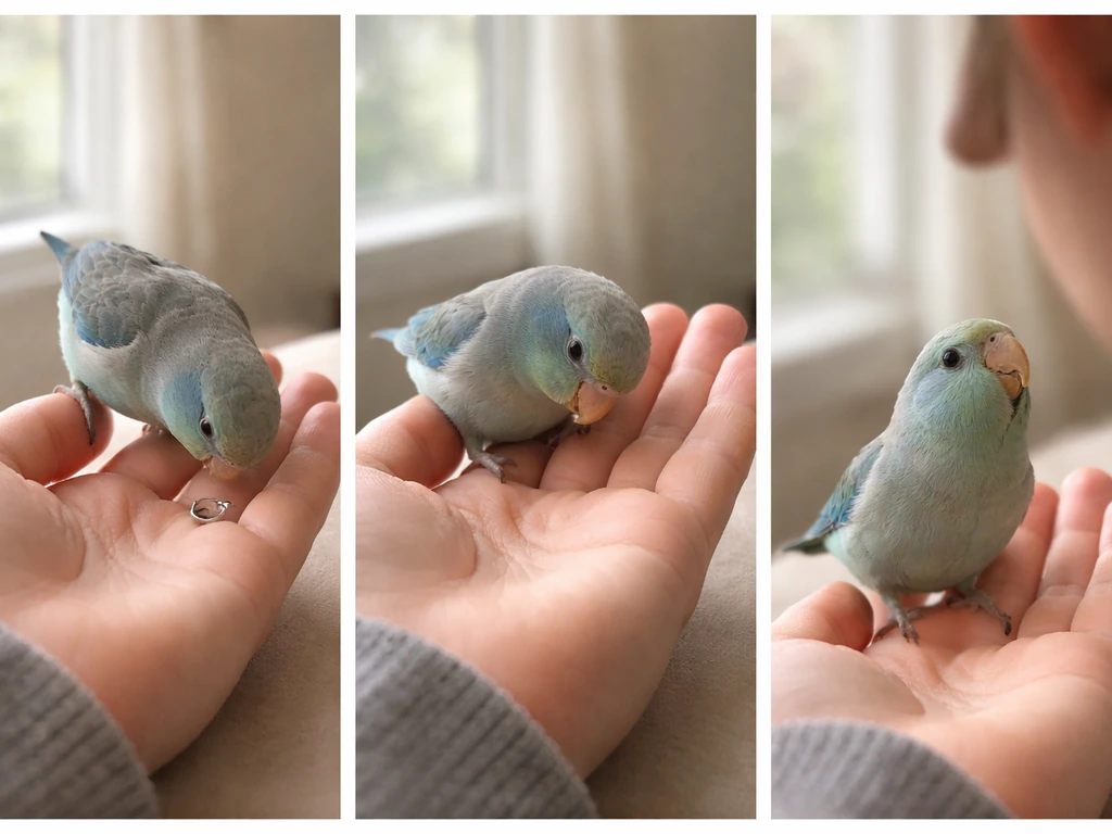 Three side-by-side moments of a small bird: brief curiosity, gentle nuzzling for bonding, then repeated attention-seekin