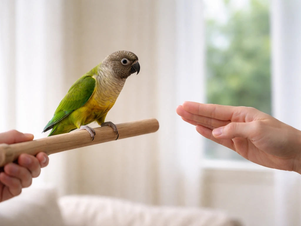 Trainer’s hand holding a small perch as a gentle bird steps onto it away from the face.