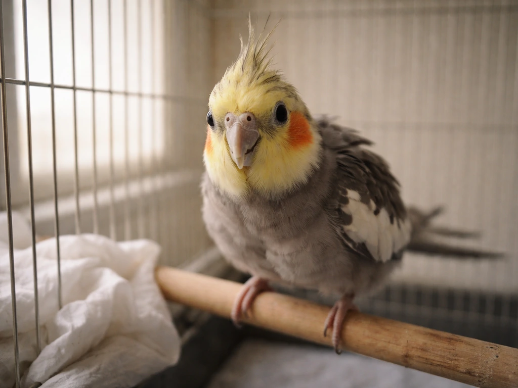 A small pet bird in a simple cage shows frantic pacing and intense eyes, with a towel nearby for triage context.