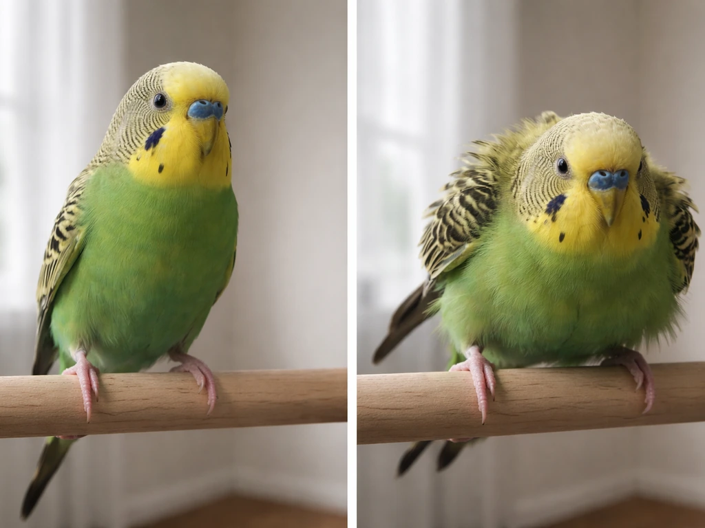Side-by-side photos of a perched parakeet: relaxed excited posture vs fluffed, crouched tense agitation.