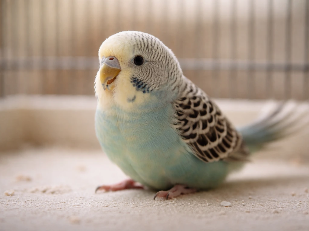 Close-up of a small bird sitting still with slightly open beak and visible rhythmic tail movement