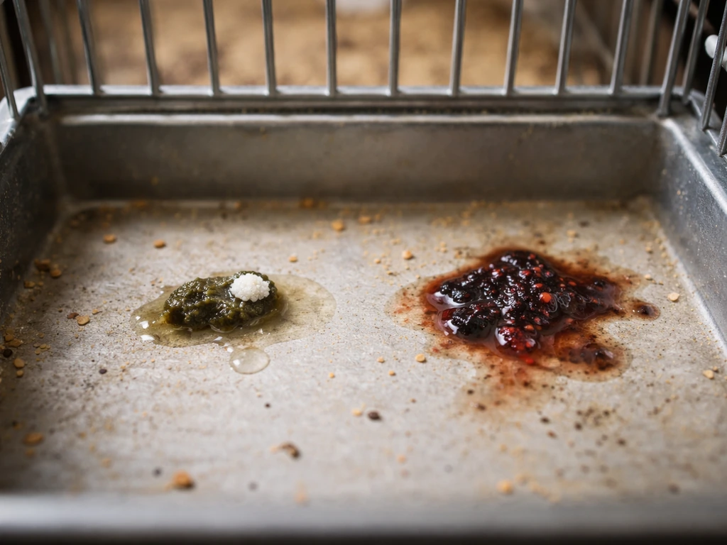 Close-up of birdcage tray showing normal dark droppings with white urates and contrasting abnormal droppings.