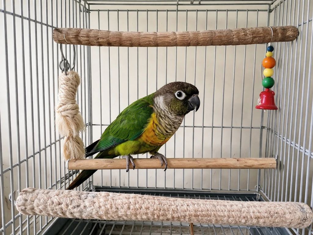 Cramped bird cage setup with mismatched perch diameters and minimal toys causing visible pacing