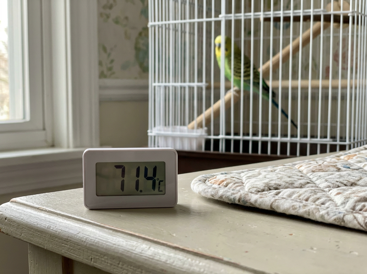 Thermometer positioned to check room temperature near the bird’s cage