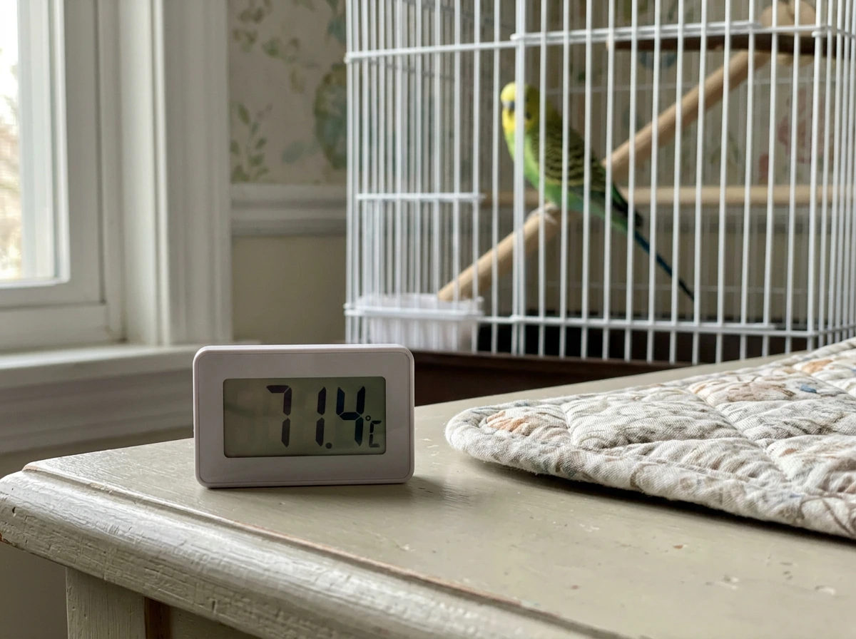 Thermometer positioned to check room temperature near the bird’s cage