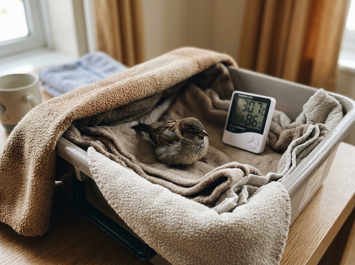 Bird kept warm in a draft-protected area to prevent chilling