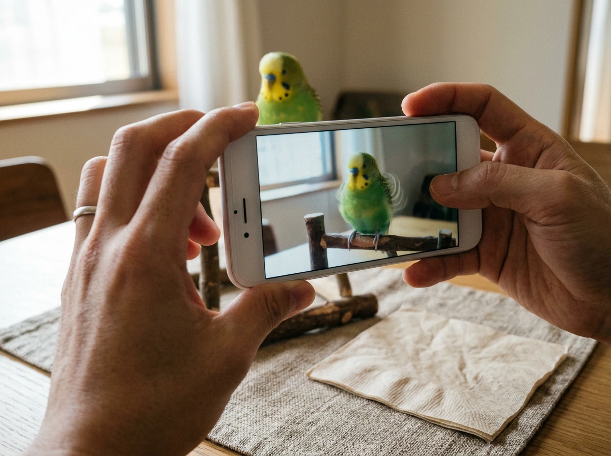 Owner using a phone to record the vibrating bird for the avian vet
