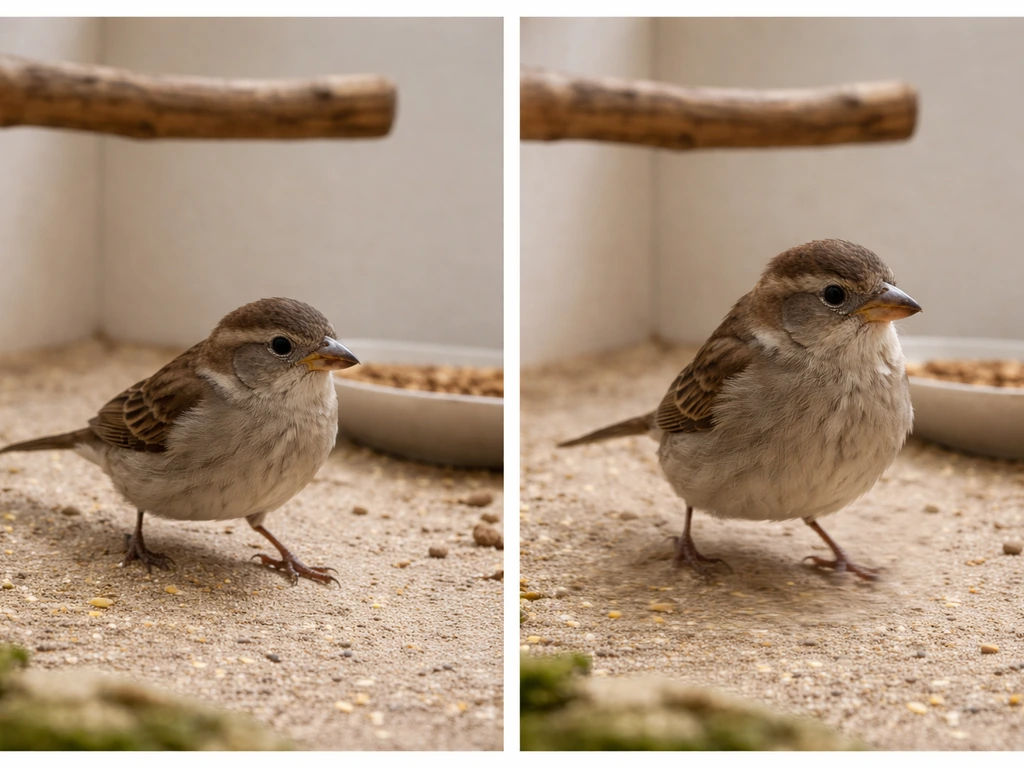 Two-panel photo showing a bird’s calm purposeful walk vs frantic repetitive stress pacing in an aviary.