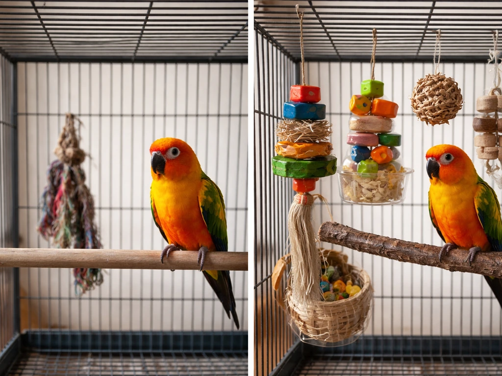 Colorful parrot in a cage with few toys by the front next to a richer toy setup.