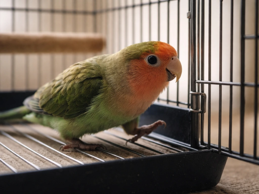 Small pet bird crouched and tense, pacing near the cage door area as if seeking escape.