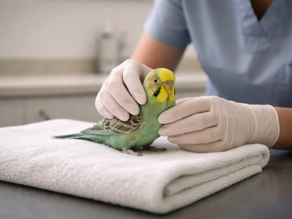 An avian vet exam with a small bird on a towel during a careful check for respiratory red flags.