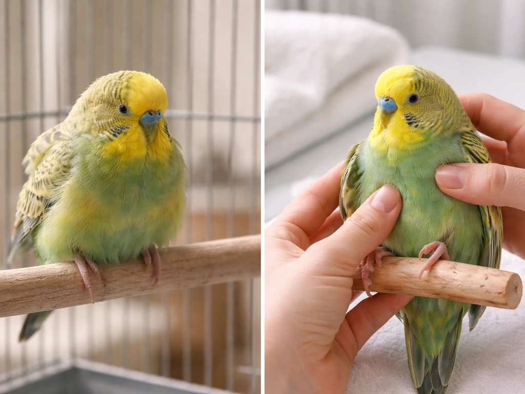 A fluffed-up sick-looking bird with an owner gently checking a pet bird in a clean home setting.
