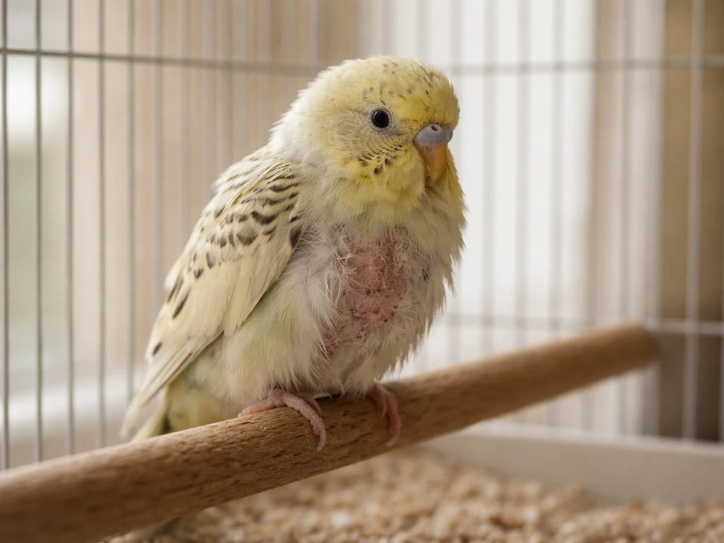 Small pet bird in a simple cage with ruffled feathers and visible skin irritation near the breast