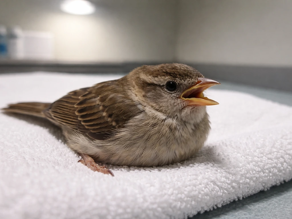 Stressed small bird with open mouth breathing at rest on a clean towel in a stark, urgent setting.