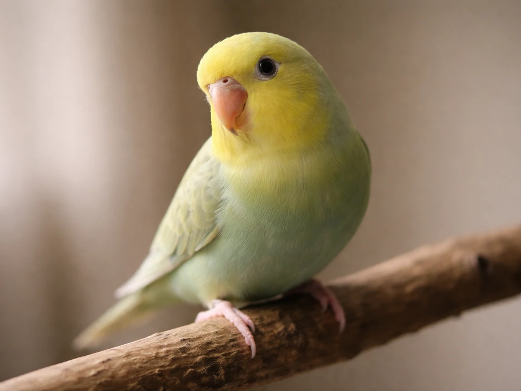 Small pet songbird on a wooden perch, side profile with alert eyes and smooth feathers.