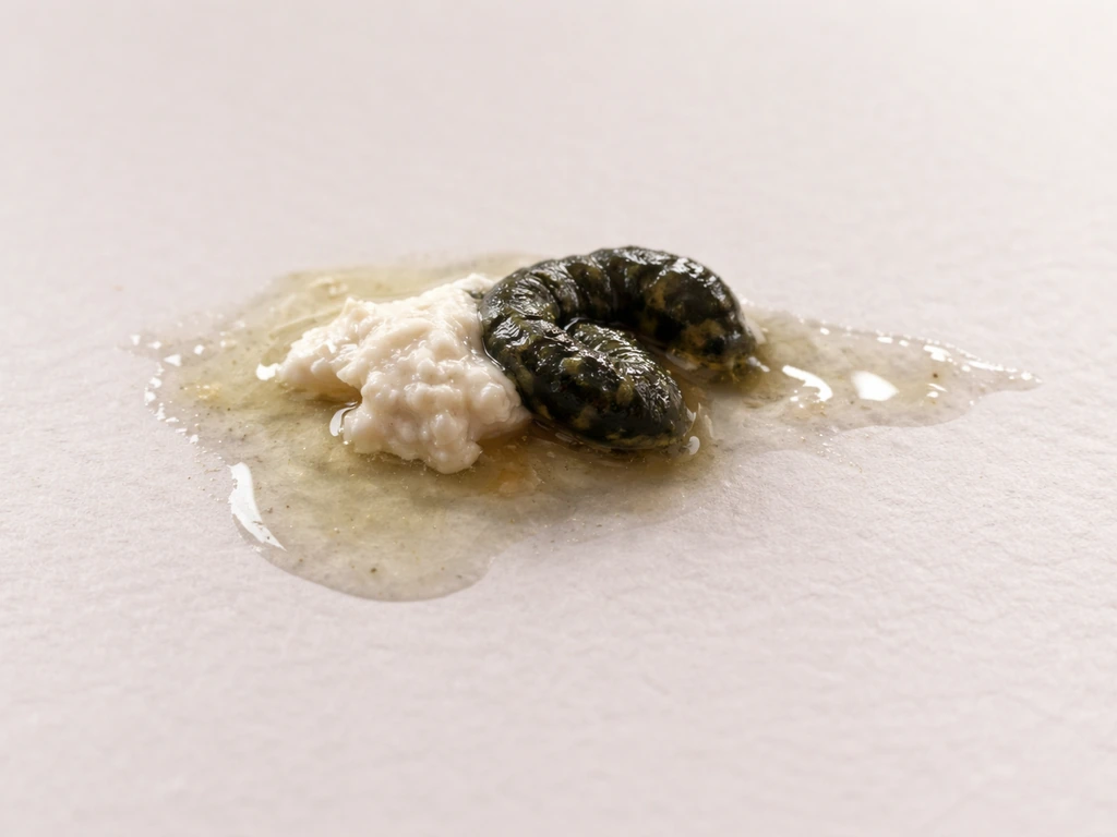 Close-up of fresh bird droppings with dark fecal portion, white urate, and pale urine component.