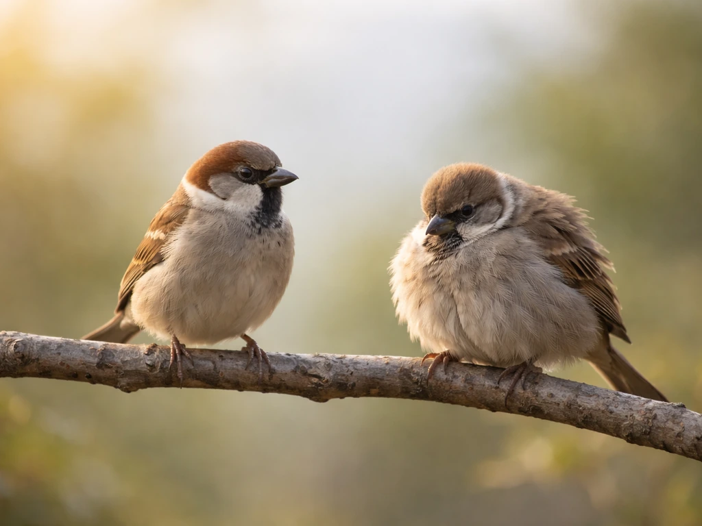 Two small garden birds on a branch: one relaxed with smooth feathers, one puffed with guarded posture