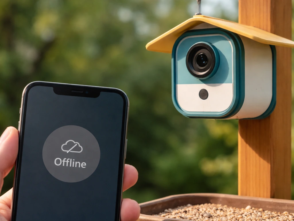 Bird Buddy camera module on a feeder with a phone screen showing an offline status