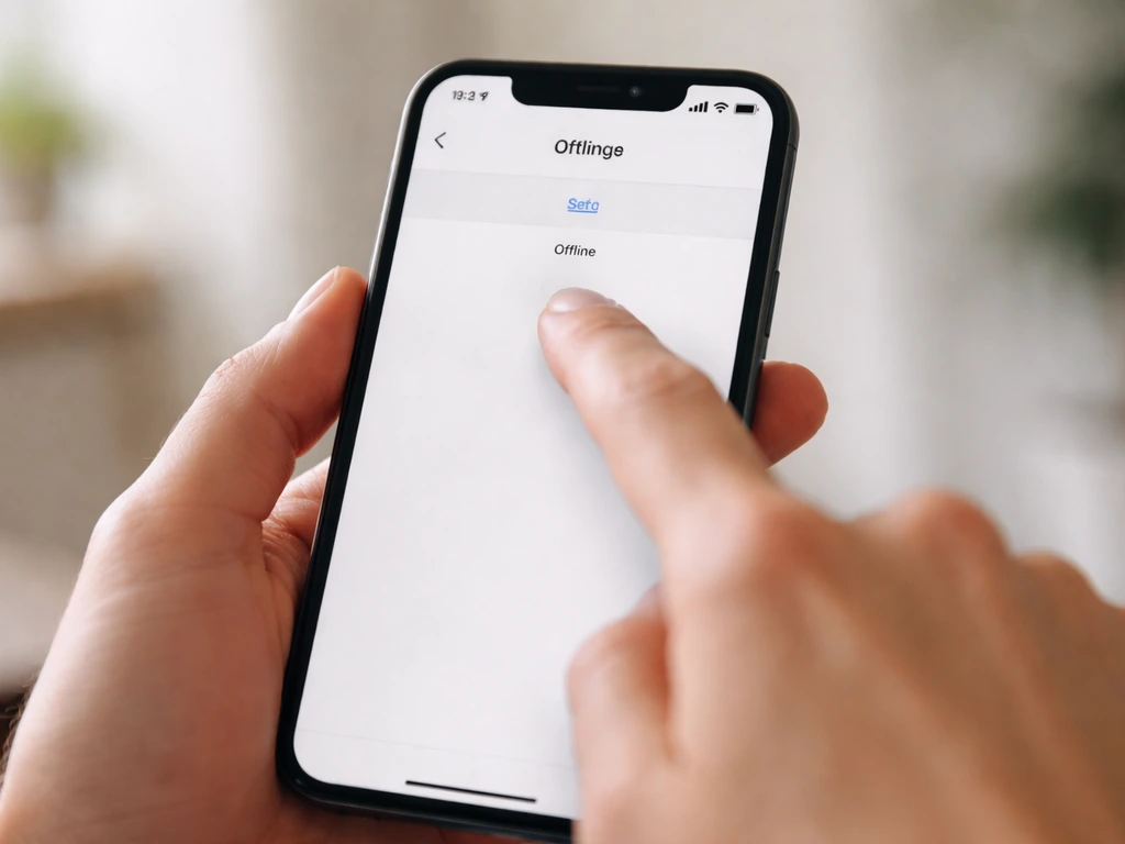 Close-up of a smartphone Settings screen as someone swipes down to refresh status from Offline